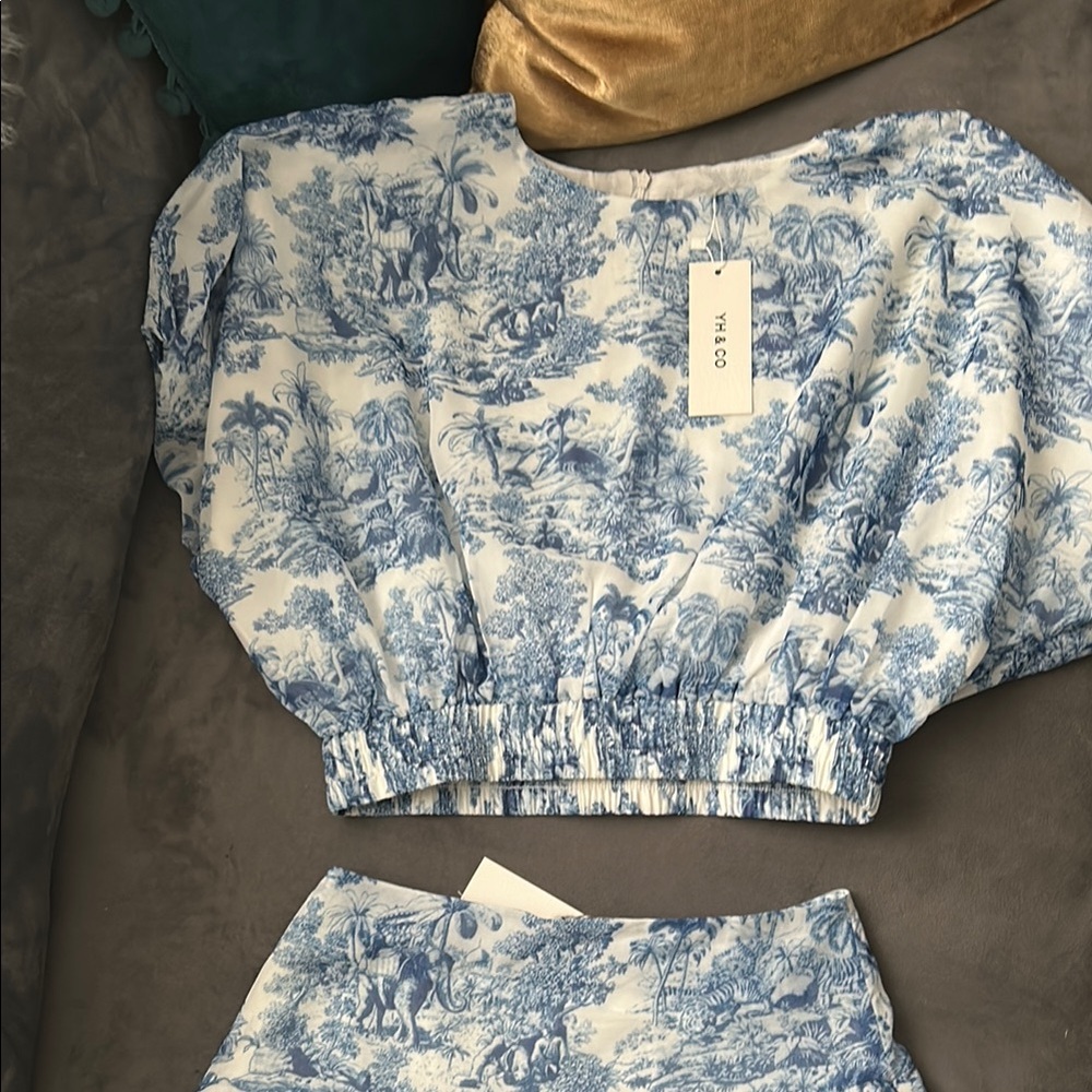 Blue and White Printed Crop Top and Skirt Set: PLEASE read description.
